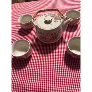 Vintage Japanese Tea Set Teapot 4 Cups Scenic Design Bamboo Handle